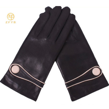 Klassische schwarze Frauen Handschuhe Leder Knöpfe Schaffell Leder Handschuhe für Damen